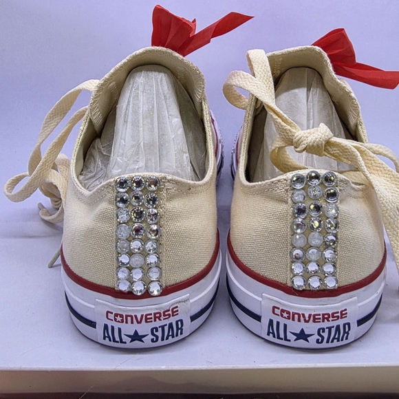 Converse Womens 9 Ladies Cream Sneakers Red Crystal Embellished Accents All Star - Picture 4 of 14
